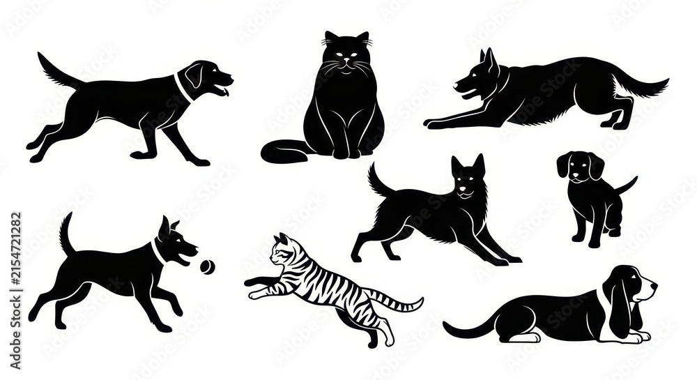 Fototapeta premium Collection of Vector Silhouettes of Dogs and Cats in Various Poses for Pet Related Designs