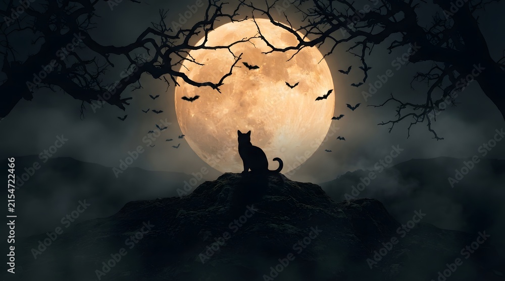 Fototapeta premium A mysterious black cat sits in silhouette atop a rugged hill, framed by gnarled tree branches beneath a massive, glowing full moon and flying bats.