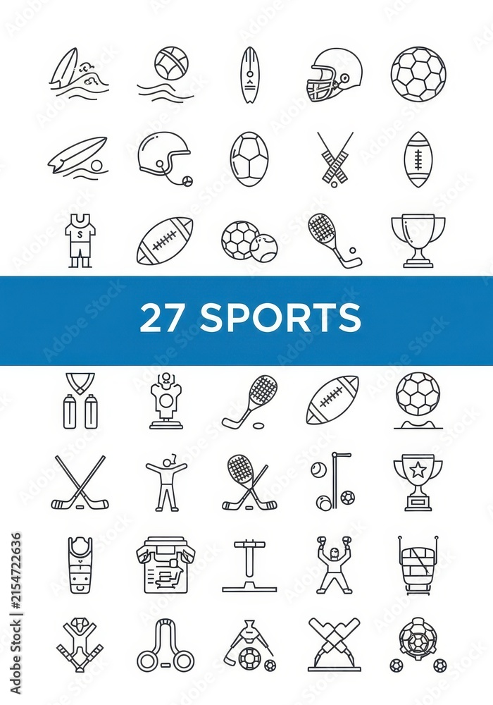 Fototapeta premium Set of 27 Minimalist Sports Line Icons Featuring Equipment for Football, Soccer, Surfing, Hockey, and Trophies