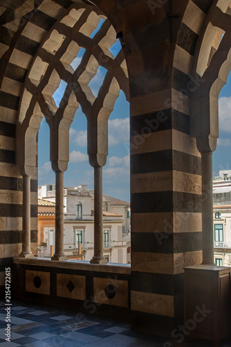 Old vintage balcony architecture interior with buildings outside