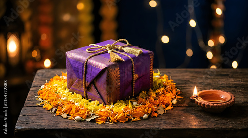 A beautifully wrapped gift surrounded by marigolds and festive lights