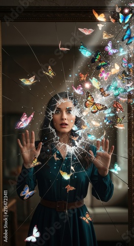 Woman startled by swarm of colorful butterflies breaking through glass.