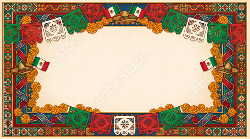 Mexican Independence Day decorative frame with colorful flowers, traditional patterns and festive ornaments