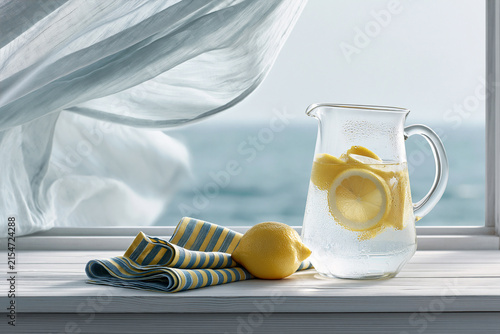 Glass pitcher of lemon water with a whole lemon on a striped napkin