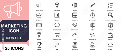 Professional digital marketing outline icon set featuring twenty five essential business symbols for creative web design projects