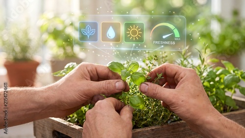 Gardener tending fresh herb plants in a wooden planter with a holographic freshness meter displaying leaf, water, and sunlight monitoring icons, representing smart horticulture, plant health, and prec