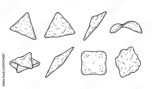 Crunchy Tortilla Chips and Salty Snack Vector Set Featuring Triangular Corn Nachos Potato Crisp Elements for Mexican Food Menu and Packaging Design