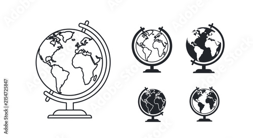Set of world globe icons on stands in different sizes and visual weights for geographic and educational themes.