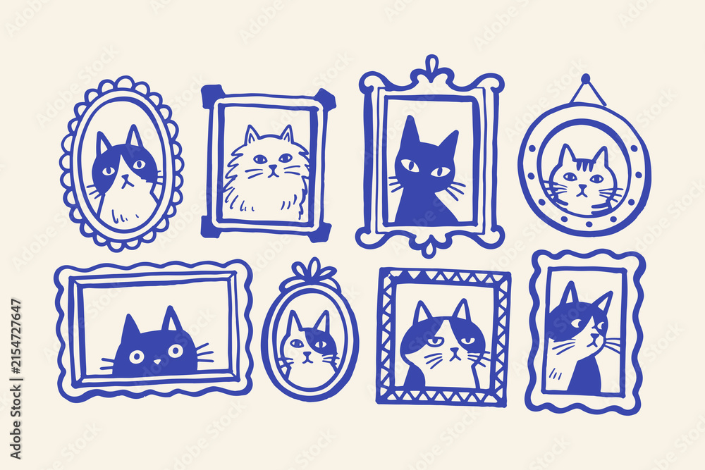 Fototapeta premium Cat Portrait Frames Naive Art Set Illustration
