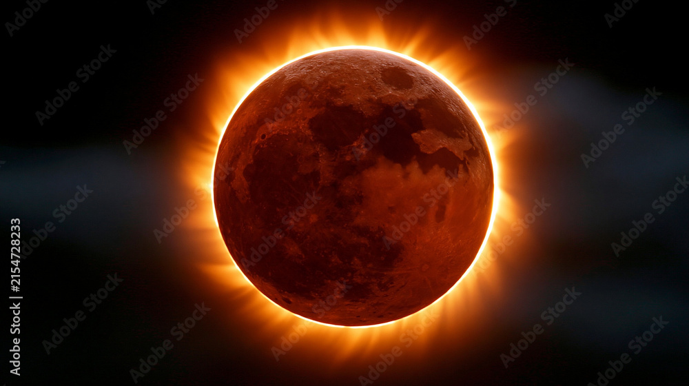 Naklejka premium Rote Mondfinsternis leuchtet mit strahlender Korona am dunklen Himmel