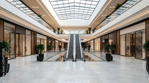 Modern shopping mall interior with marble floors and glass escalators