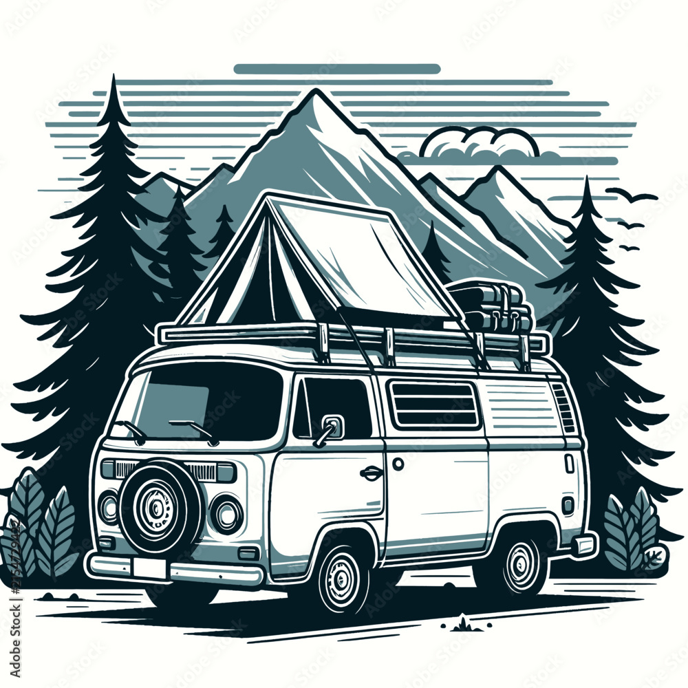 Obraz premium Adventure Van Camping Amidst Mountain Scenery