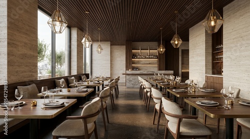 Modern restaurant interior with elegant dining tables and chairs, ambient lighting, and wooden ceiling details