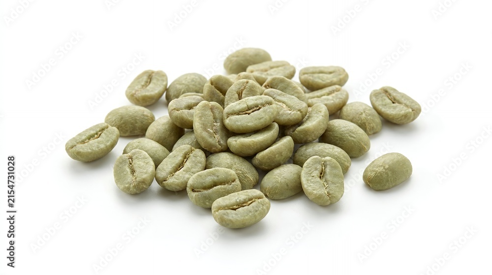 Fototapeta premium Green unroasted coffee beans pile isolated on white background raw organic seeds for roasting