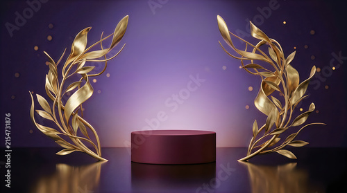 Elegant golden floral arrangements on a dark dramatic stage backdrop