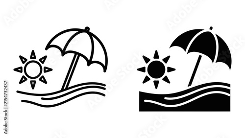 Beach umbrella with sun and waves vector icon set isolated on white