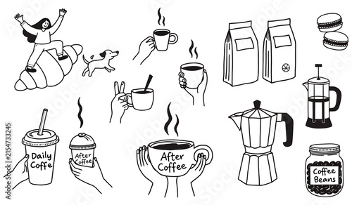 A whimsical collection of hand-drawn illustrations celebrates the joy of coffee, featuring steaming cups, coffee bags, macarons, a French press, a Moka pot, and a smiling person atop a croissant.
