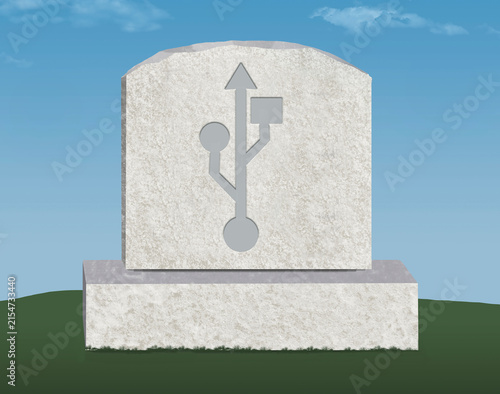 Inheriting digital data . A tombstone with a USB symbol, symbolizing digital legacy, last will and testament data assets, family inheritance, and passing online accounts after death. Copy space.