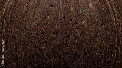 Close-up macro texture of a dark brown coconut shell surface with organic fibrous details for nature backgrounds