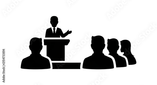 Black silhouette icon of a business speaker presenting at a podium to an audience