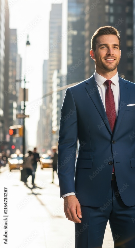Fototapeta premium Confident businessman in navy suit on city street.