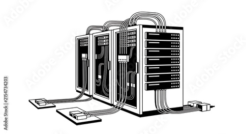 Server rack cabinet illustration for data center infrastructure and network technology.