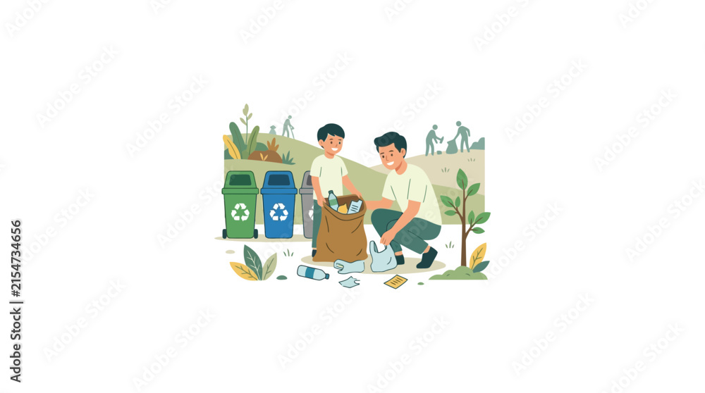 Naklejka premium Group of people collecting garbage in field.