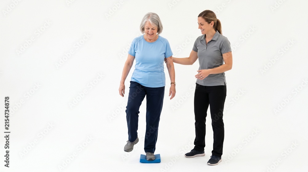 Fototapeta premium Senior Woman Balance Training with Therapist: An older woman practices her balance on a small platform, with a physical therapist offering support and guidance.