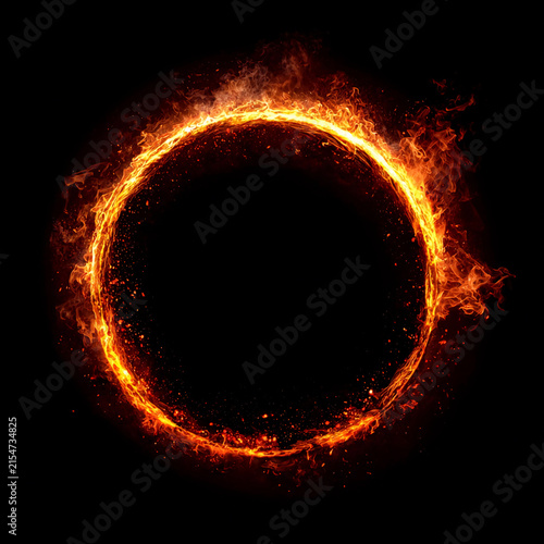 Fire circle on black background with bright flames and sparks