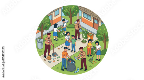 Group of students cleaning school courtyard together.