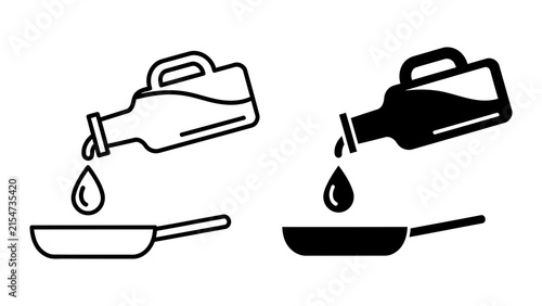 Cooking oil pouring from bottle into frying pan icon set for food and kitchen apps