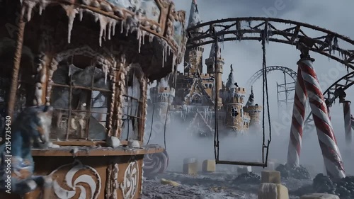 Ruined ferris wheel in foggy landscape with candy ground elements.