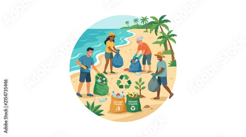 Group of volunteers protecting tropical shore from pollution.
