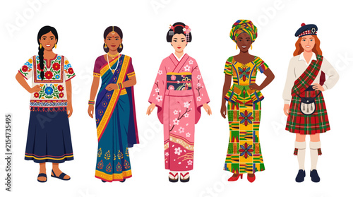 Group of women in diverse international traditional dresses.