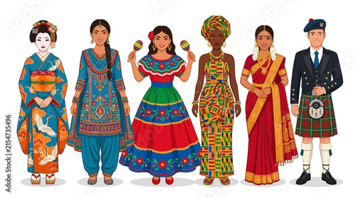 Group of women in colorful international traditional dresses.