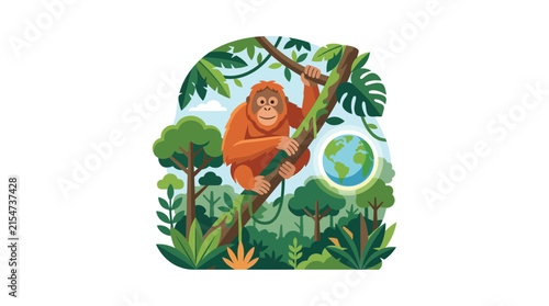 Orangutan climbing with Earth globe in forest background.