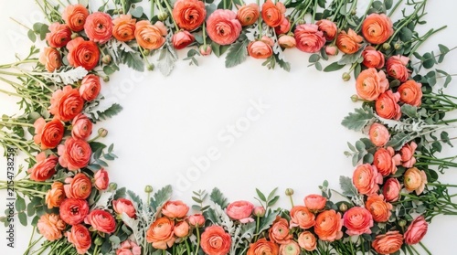 Coral Rose Floral Border With Green Leaves and White Copy Space