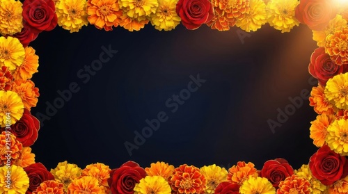 Orange Marigold Floral Border on Dark Background With Central Copy Space