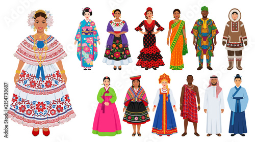 Panamanian pollera dress surrounded by international ethnic costumes.
