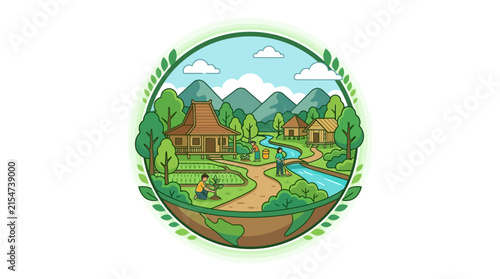 Peaceful circular view of traditional village and mountain scenery