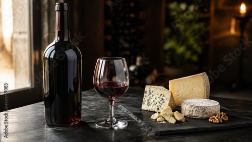 Bottle of port with cheese in warm sunset light with close detail composition for commercial use