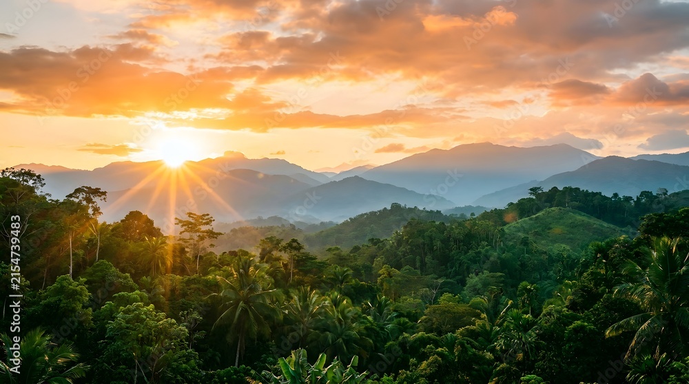 Naklejka premium Stunning golden sunrise over a lush tropical rainforest mountain landscape