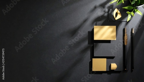 Luxury golden corporate stationery set on black background.