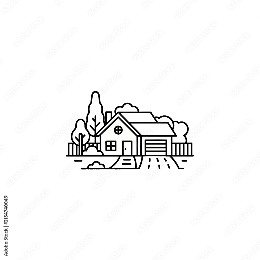 Fototapeta premium Minimalist Line Art House Icon with Garage and Garden