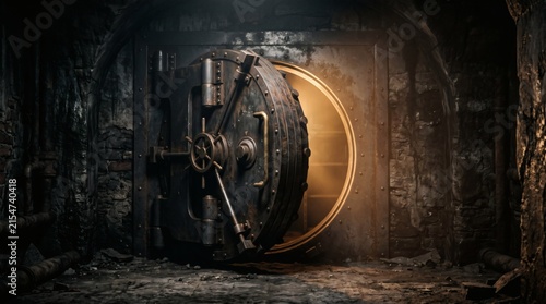 A heavy circular metal bank vault door standing open in a dark underground room.