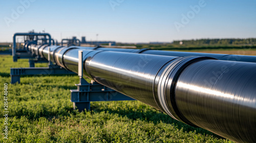 Massive above ground steel oil pipeline crossing a vast green field on a bright summer day, long parallel pipes supported by industrial steel structures, distant pumping station, clear blue sky, rea