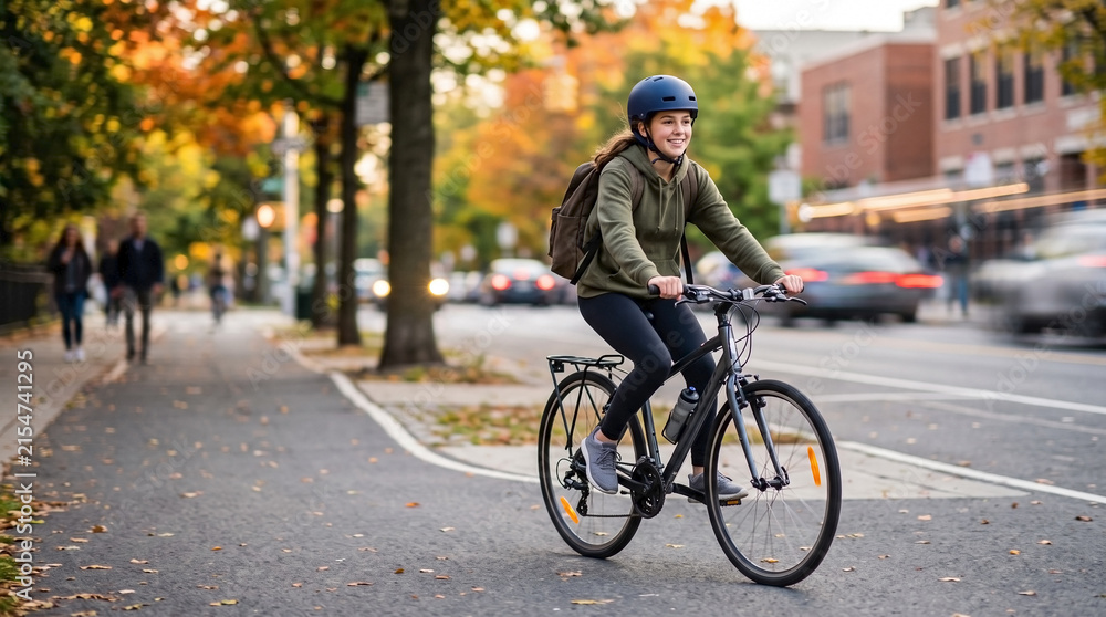 Fototapeta premium Teenage girl riding a bicycle to school on a city bike path. Happy student commuting with backpack and helmet in autumn