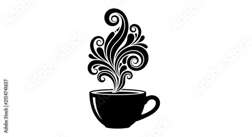Elegant coffee cup silhouette with intricate swirling steam pattern. Hot beverage graphic design. Vector illustration on white background.