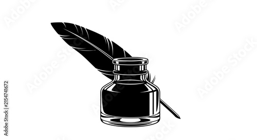 Vintage Quill Pen and Inkwell Illustration Black and White Vector Icon for Writing, Literature, and Calligraphy Art