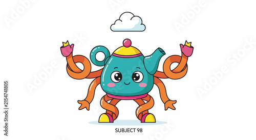 Cute Cartoon Teapot Character with Tentacles and Flower Hands